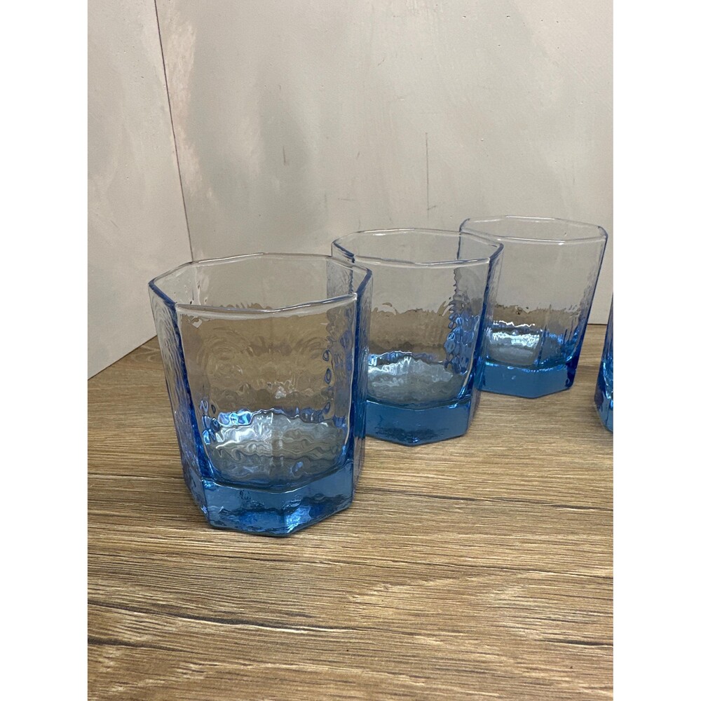 Vintage Libbey Facets Hexagonal Light Blue Glass Set of 4 Textured Glass